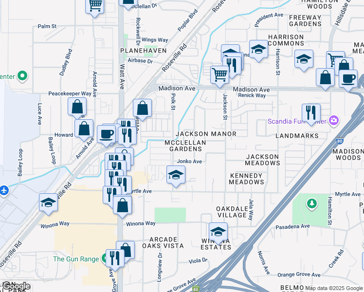 map of restaurants, bars, coffee shops, grocery stores, and more near 3717 Jonko Avenue in North Highlands