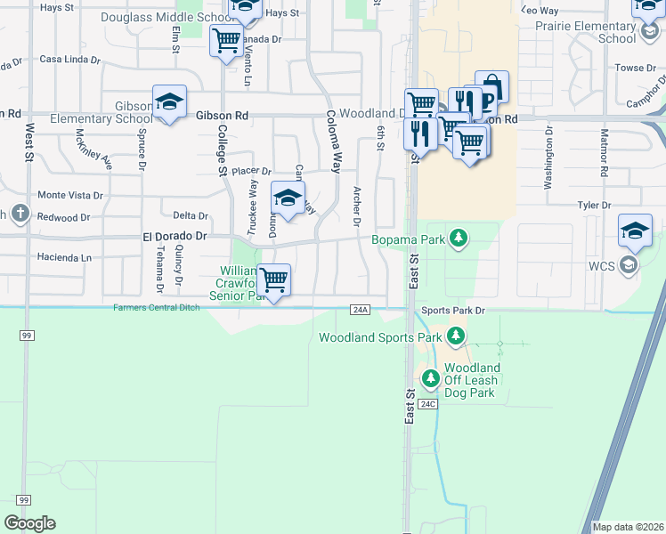 map of restaurants, bars, coffee shops, grocery stores, and more near 1729 Coloma Way in Woodland