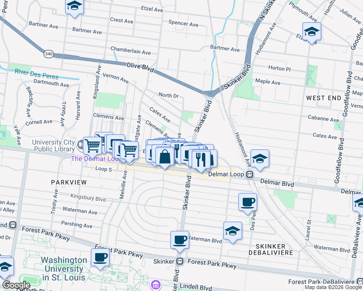 map of restaurants, bars, coffee shops, grocery stores, and more near 635 Skinker Boulevard in St. Louis
