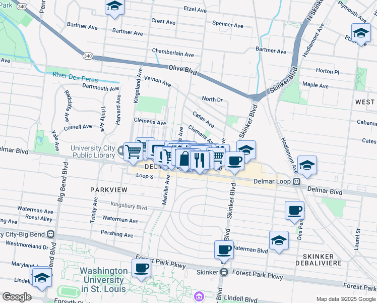 map of restaurants, bars, coffee shops, grocery stores, and more near 6418 Enright Avenue in University City