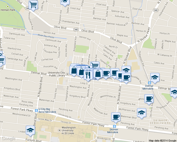 map of restaurants, bars, coffee shops, grocery stores, and more near 605 Leland Avenue in University City