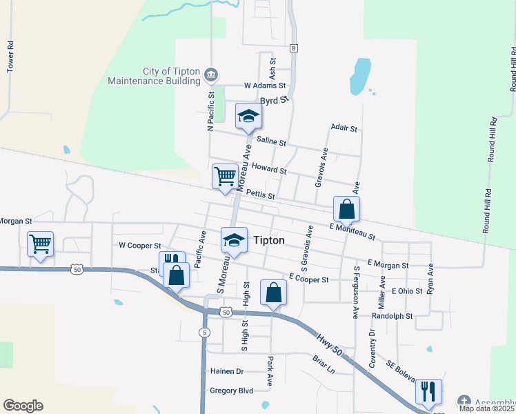 map of restaurants, bars, coffee shops, grocery stores, and more near 100-124 West Moniteau Street in Tipton