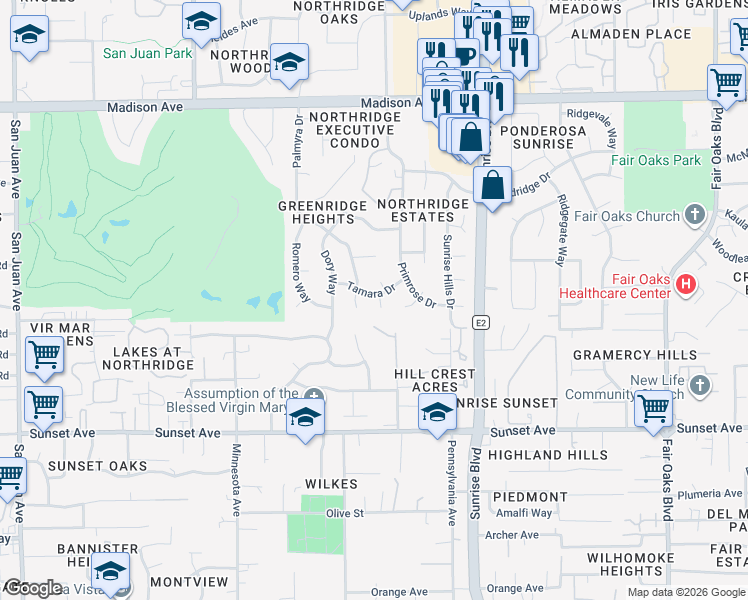 map of restaurants, bars, coffee shops, grocery stores, and more near 4951 Gastman Way in Fair Oaks