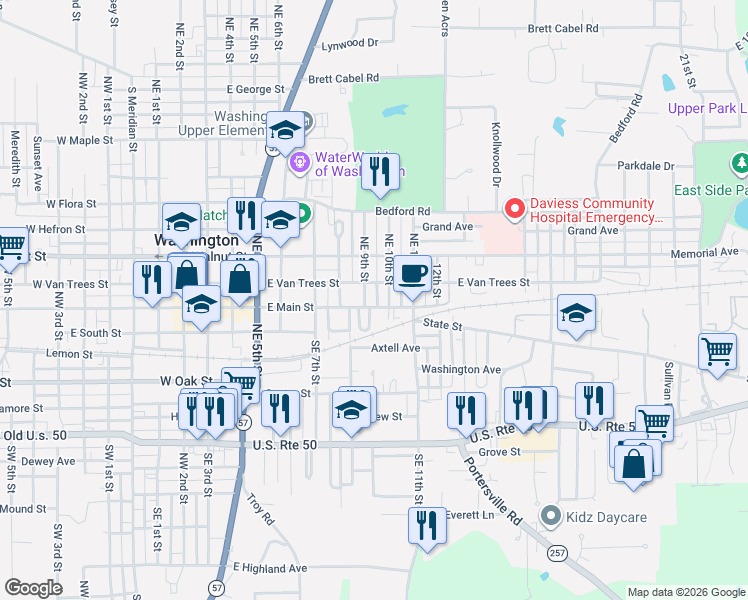 map of restaurants, bars, coffee shops, grocery stores, and more near 907 East Main Street in Washington