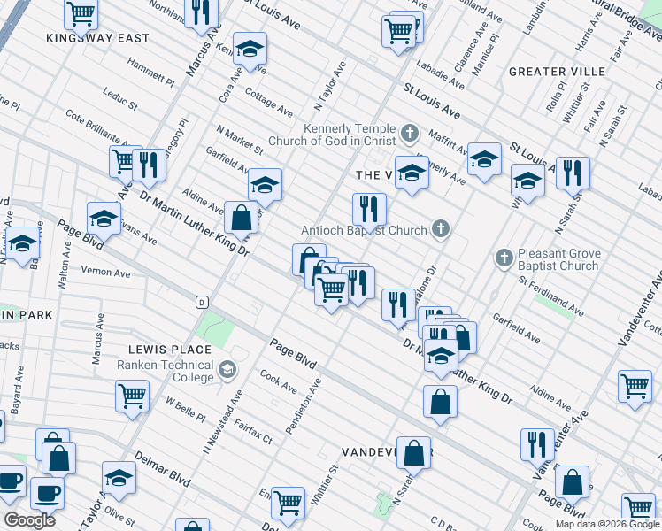 map of restaurants, bars, coffee shops, grocery stores, and more near 1519 Billups Avenue in St. Louis