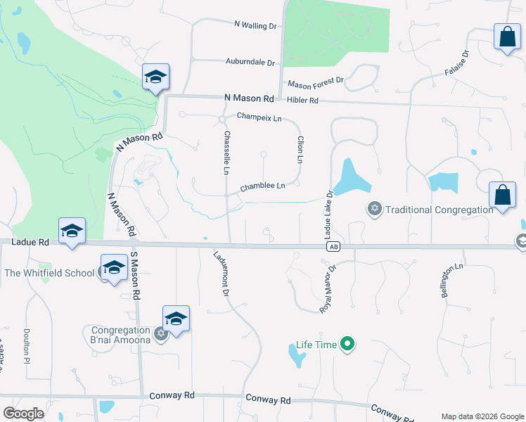 map of restaurants, bars, coffee shops, grocery stores, and more near 115 Ladue Pine Woods Place in Creve Coeur