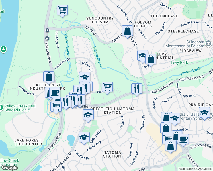 map of restaurants, bars, coffee shops, grocery stores, and more near 2 Plaza Drive in Folsom
