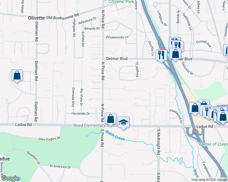 map of restaurants, bars, coffee shops, grocery stores, and more near 6 Little Lane in St. Louis
