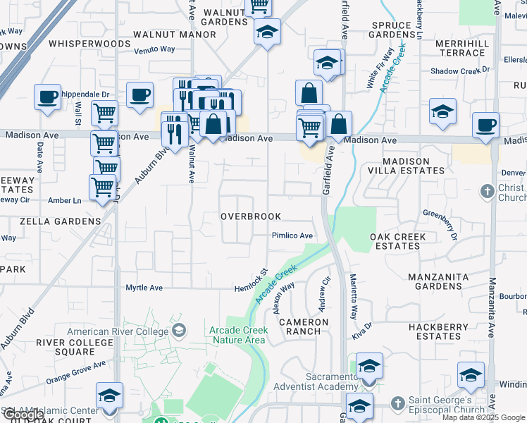 map of restaurants, bars, coffee shops, grocery stores, and more near 5020 Hemlock Street in Sacramento