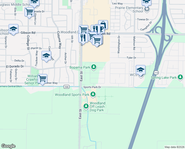map of restaurants, bars, coffee shops, grocery stores, and more near 1579 East St in Woodland