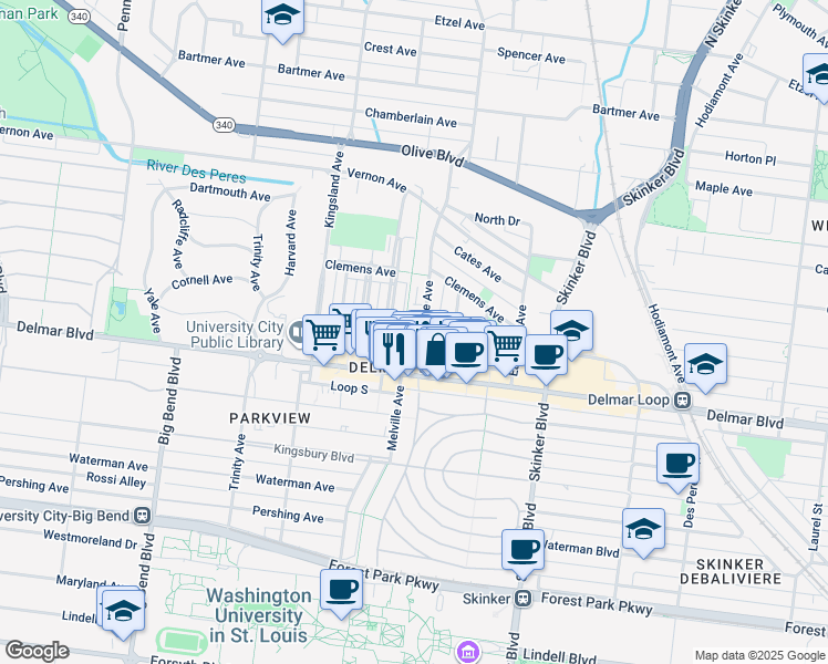 map of restaurants, bars, coffee shops, grocery stores, and more near 701 Westgate Avenue in University City