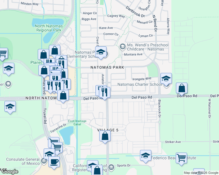 map of restaurants, bars, coffee shops, grocery stores, and more near 100 Aviator Circle in Sacramento