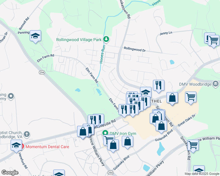 map of restaurants, bars, coffee shops, grocery stores, and more near 3422 Chelsea Drive in Woodbridge