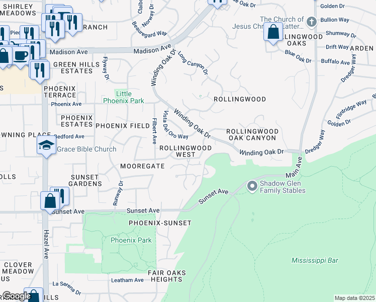 map of restaurants, bars, coffee shops, grocery stores, and more near 5025 Vista Del Oro Way in Fair Oaks