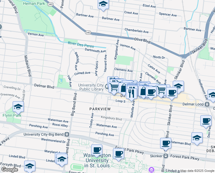 map of restaurants, bars, coffee shops, grocery stores, and more near 723 Kingsland Avenue in University City