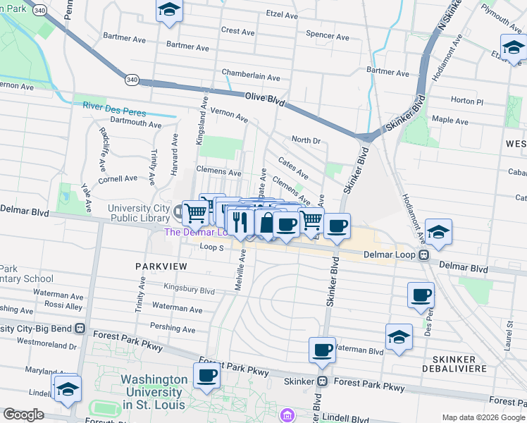 map of restaurants, bars, coffee shops, grocery stores, and more near 735 Westgate Avenue in University City