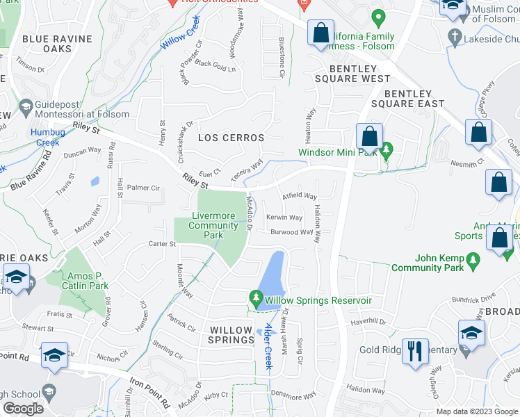 map of restaurants, bars, coffee shops, grocery stores, and more near 105 Alvaston Court in Folsom