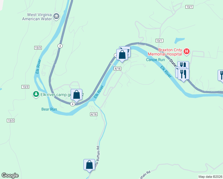 map of restaurants, bars, coffee shops, grocery stores, and more near Little Buffalo Road in Gassaway
