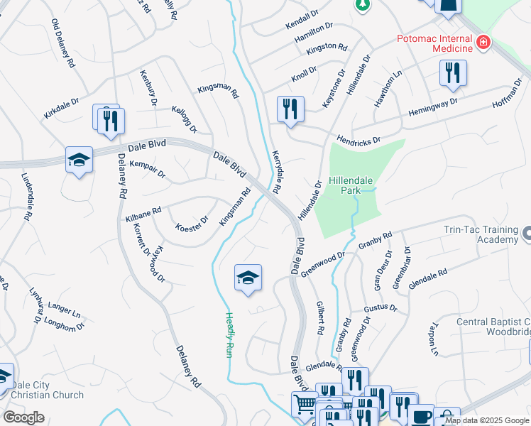 map of restaurants, bars, coffee shops, grocery stores, and more near 13605 Kerrydale Road in Woodbridge