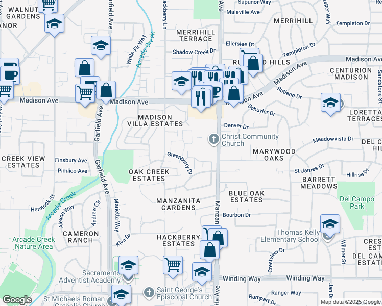 map of restaurants, bars, coffee shops, grocery stores, and more near 5030 Greenberry Drive in Sacramento