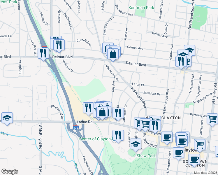 map of restaurants, bars, coffee shops, grocery stores, and more near 301 Gay Avenue in Saint Louis