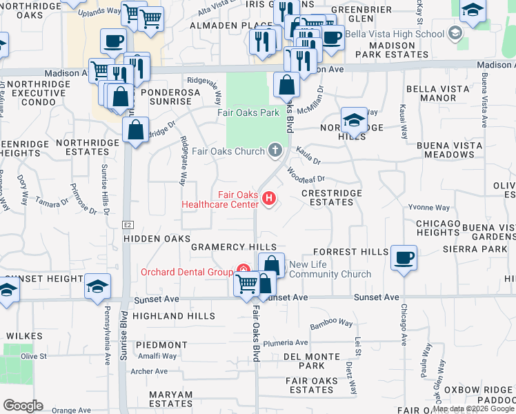 map of restaurants, bars, coffee shops, grocery stores, and more near 8078 Orange Tree Court in Fair Oaks