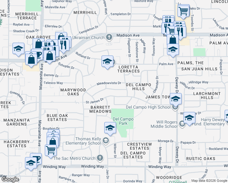 map of restaurants, bars, coffee shops, grocery stores, and more near 6316 Meadowvista Drive in Carmichael