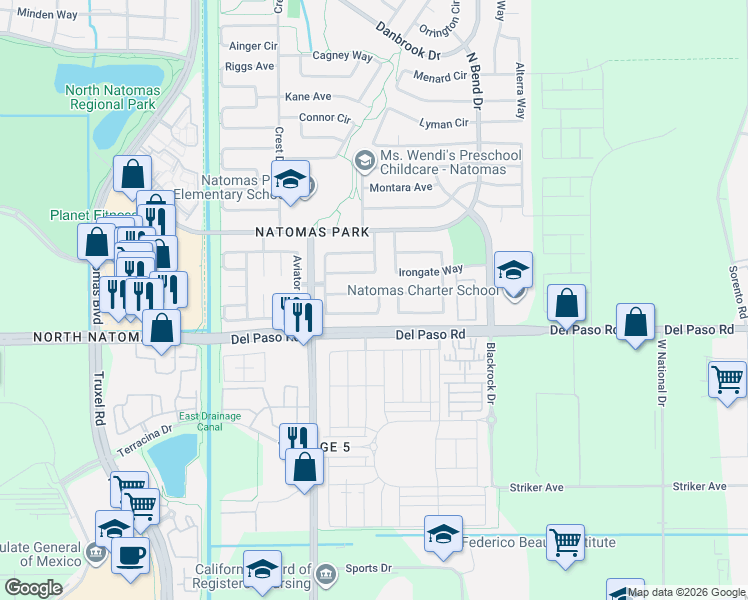map of restaurants, bars, coffee shops, grocery stores, and more near 1800 Clayton Way in Sacramento