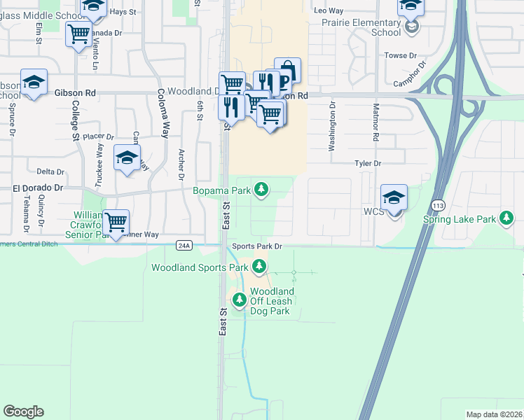 map of restaurants, bars, coffee shops, grocery stores, and more near 1579 East St in Woodland