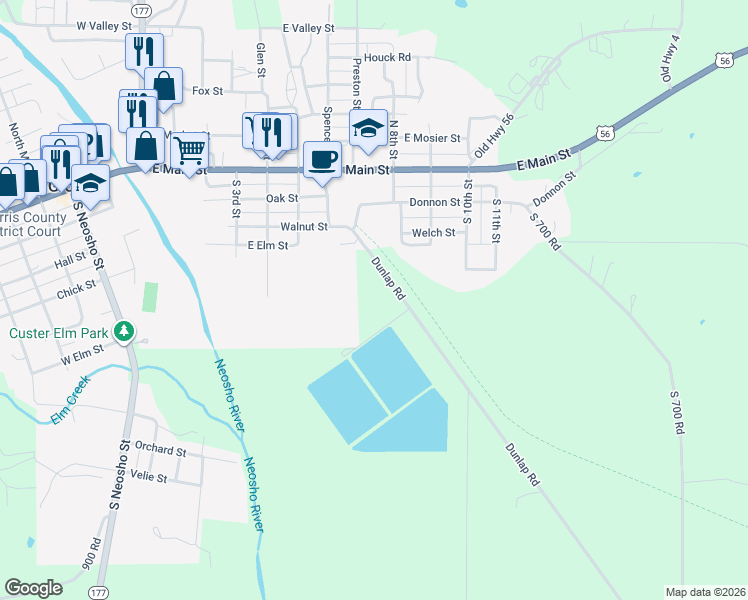 map of restaurants, bars, coffee shops, grocery stores, and more near 1510 Dunlap Road in Council Grove