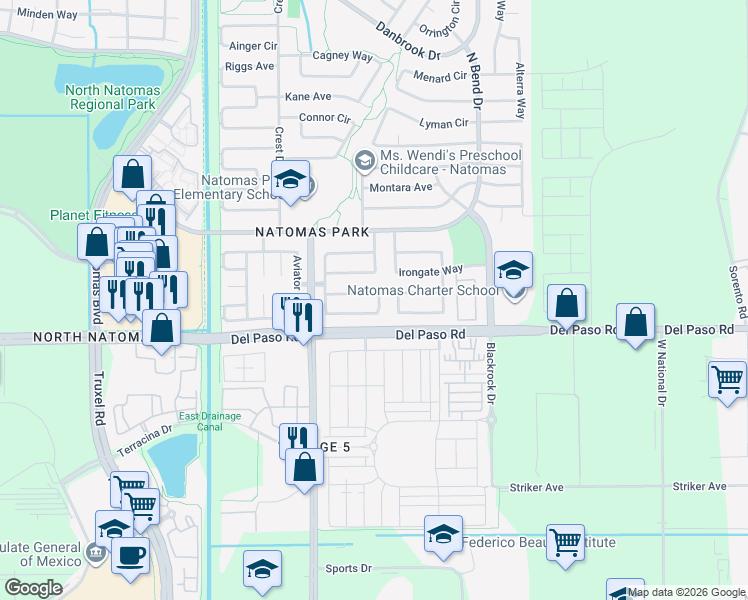 map of restaurants, bars, coffee shops, grocery stores, and more near 1800 Clayton Way in Sacramento