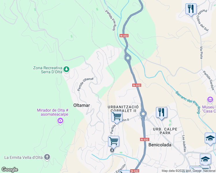 map of restaurants, bars, coffee shops, grocery stores, and more near 4 Partida Oltamar in Calp