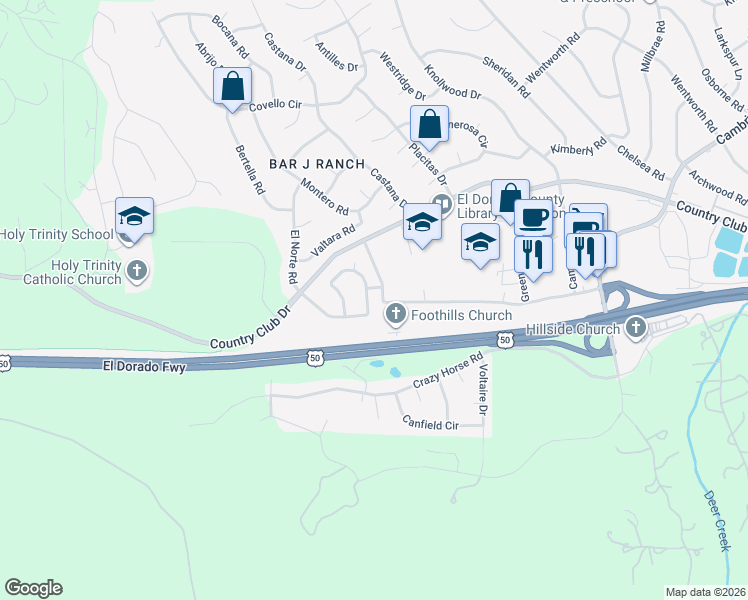 map of restaurants, bars, coffee shops, grocery stores, and more near 4300 Gailey Circle in Cameron Park