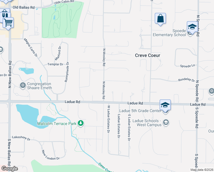 map of restaurants, bars, coffee shops, grocery stores, and more near 210 North Mosley Road in Creve Coeur
