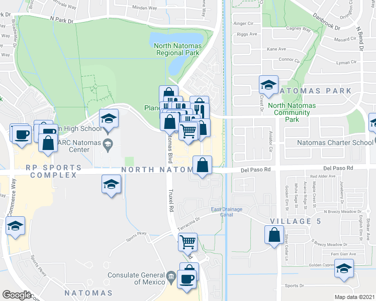 map of restaurants, bars, coffee shops, grocery stores, and more near 4650 Natomas Boulevard in Sacramento
