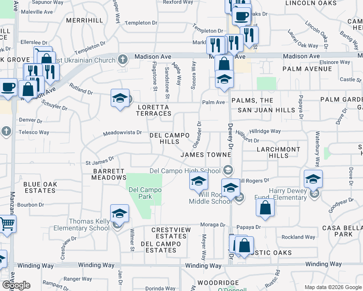 map of restaurants, bars, coffee shops, grocery stores, and more near 5131 Kipp Way in Carmichael