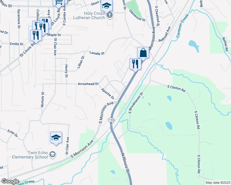map of restaurants, bars, coffee shops, grocery stores, and more near 1109 Arrowhead Drive in Collinsville