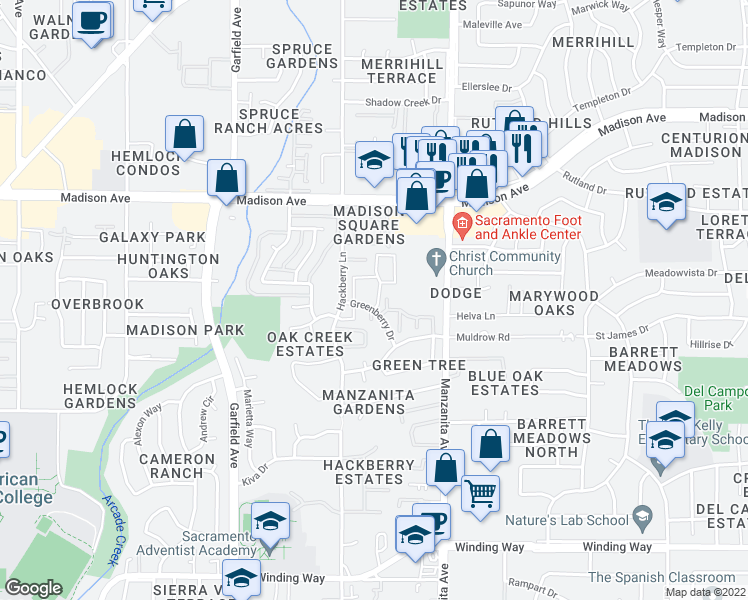 map of restaurants, bars, coffee shops, grocery stores, and more near 5122 Greenberry Dr in Carmichael