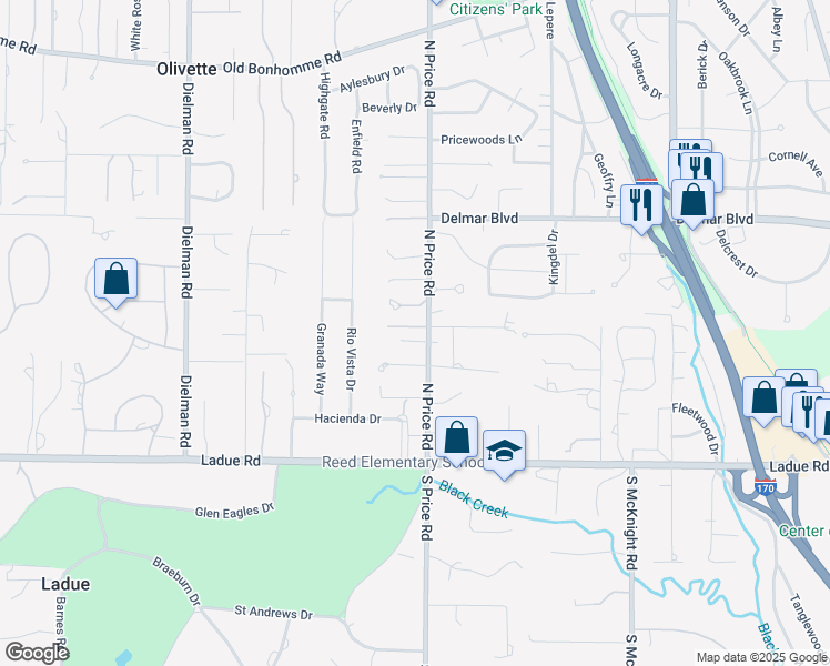 map of restaurants, bars, coffee shops, grocery stores, and more near 2 Westerly Lane in St. Louis