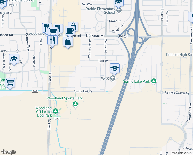 map of restaurants, bars, coffee shops, grocery stores, and more near Hadley Dr & Jones St in Woodland