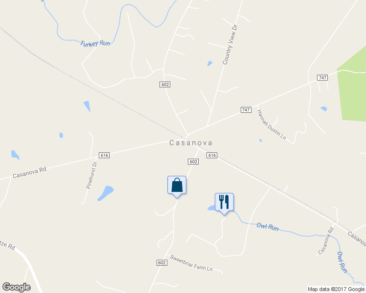 map of restaurants, bars, coffee shops, grocery stores, and more near 5149 Casanova Road in Warrenton