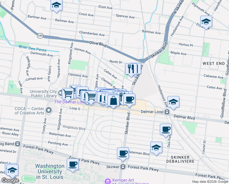 map of restaurants, bars, coffee shops, grocery stores, and more near 6261 Clemens Avenue in University City