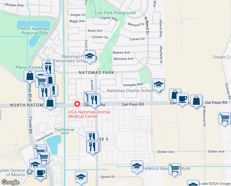 map of restaurants, bars, coffee shops, grocery stores, and more near 1822 Itasca Avenue in Sacramento