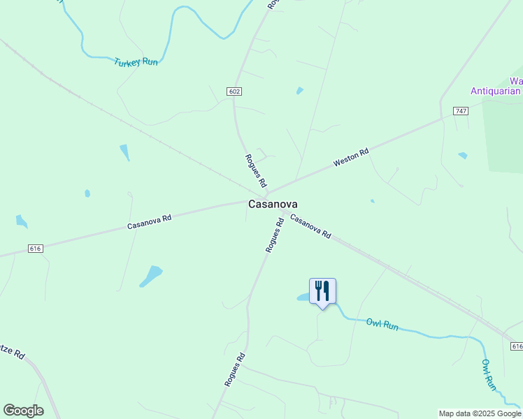 map of restaurants, bars, coffee shops, grocery stores, and more near 5149 Casanova Road in Warrenton