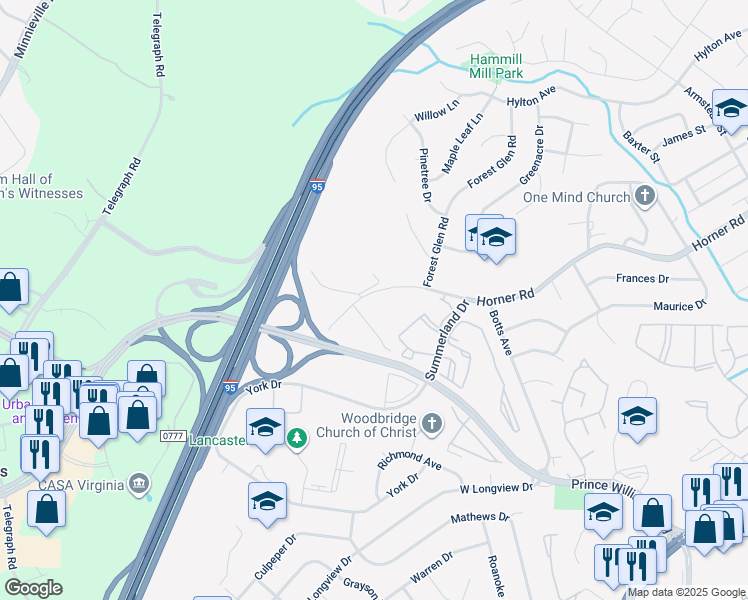 map of restaurants, bars, coffee shops, grocery stores, and more near 1923 Horner Road in Woodbridge
