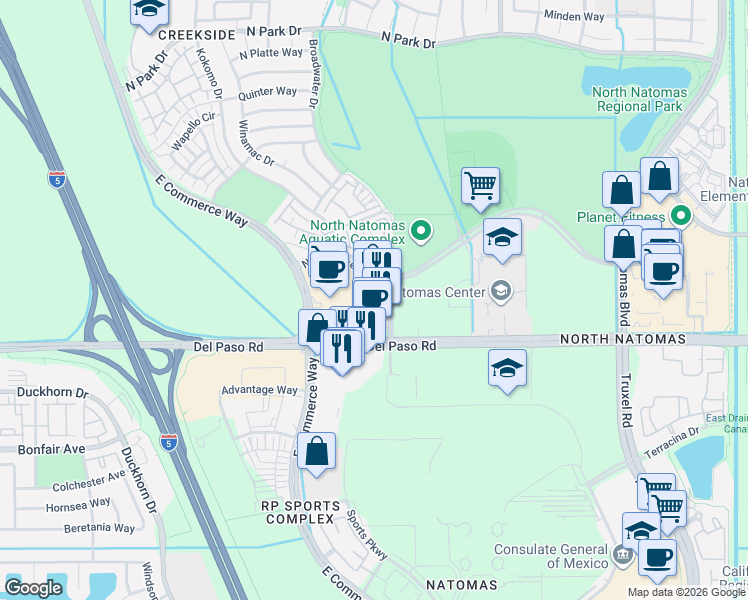 map of restaurants, bars, coffee shops, grocery stores, and more near 2721 Del Paso Road in Sacramento