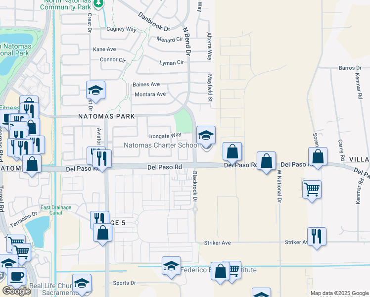map of restaurants, bars, coffee shops, grocery stores, and more near 4601 Blackrock Drive in Sacramento