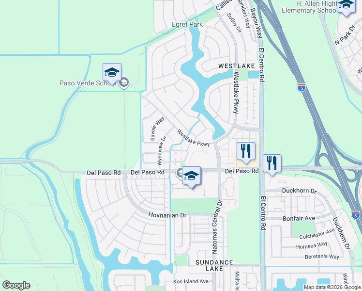 map of restaurants, bars, coffee shops, grocery stores, and more near 110 Hawkcrest Circle in Sacramento