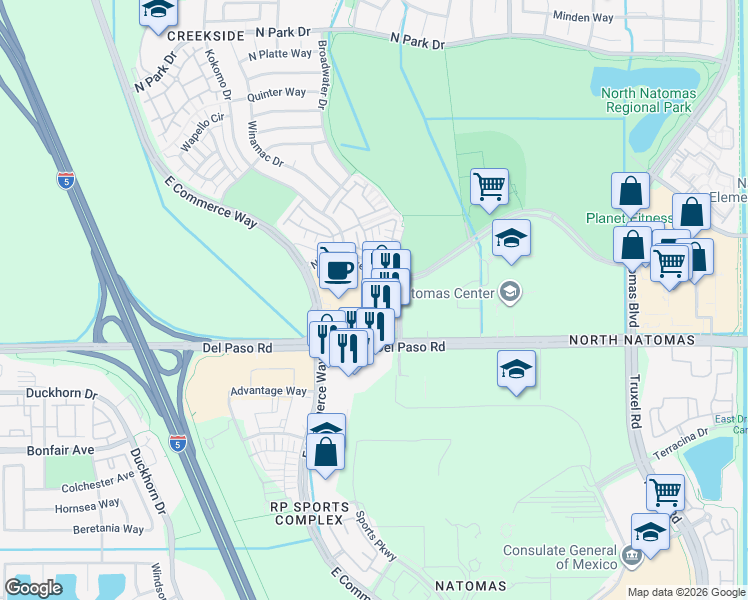 map of restaurants, bars, coffee shops, grocery stores, and more near 2735 Del Paso Road in Sacramento