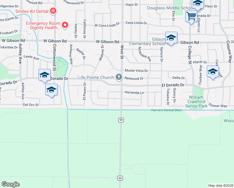 map of restaurants, bars, coffee shops, grocery stores, and more near 9 West El Dorado Drive in Woodland